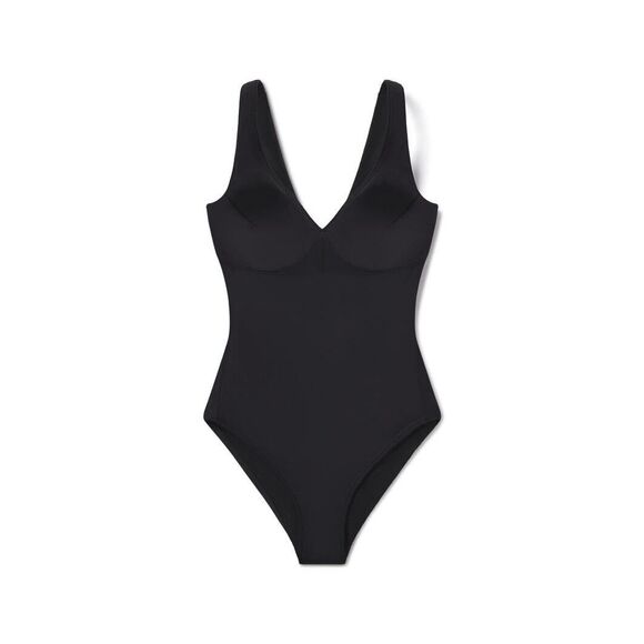 Spanx Swimsuits Women's Size Medium Black Pique Shaping Plunge One Piece NWOT - Picture 1 of 10